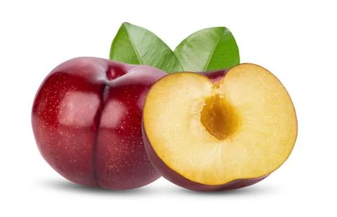 Red cherry plum with leaf isolated on white background. full depth of field Stock Photos