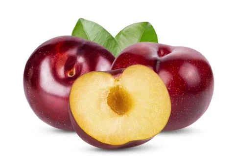 Red cherry plum with leaf isolated on white background. full depth of field Stock Photos