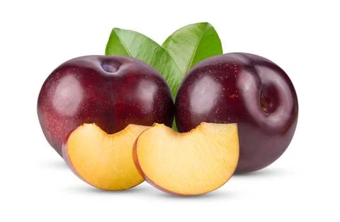 Red cherry plum with leaf isolated on white background. full depth of field Stock Photos