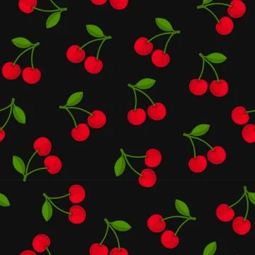Red Cherry Seamless Pattern. Black Background. Vector Stock Illustration