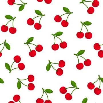 Red Cherry Seamless Pattern. White Background. Vector Stock Illustration