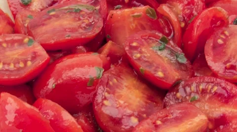 Red cherry tomato with basil and balsamic vinegar. Stock Footage 60852131