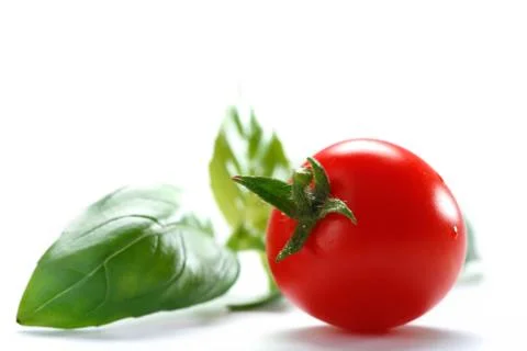 Red cherry tomato with basil herb Stock Photos
