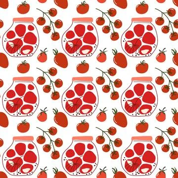 Red cherry tomato branches and pickled canned jar seamless pattern design Stock Illustration