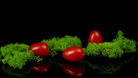 Red cherry tomatoes and green moss on a black background Vídeos de archivo 159338135