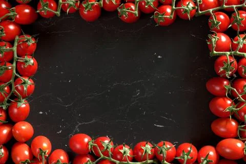 Red cherry tomatoes arranged in rectangular frame on black marble like board, Stock Photos