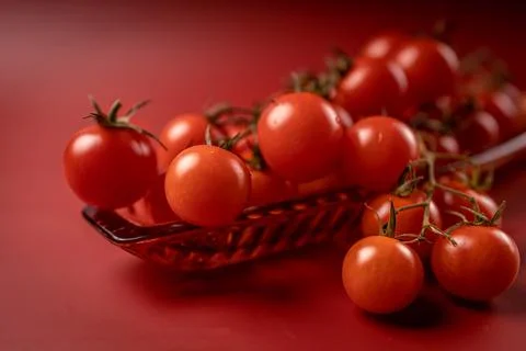 Red cherry tomatoes on red background. Still life food photography Stock Photos