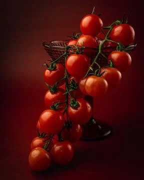 Red cherry tomatoes on red background. Still life food photography Stock Photos
