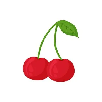 Red cherry tree on green twig with leaves, vector cartoon illustration isol.. Stock Illustration