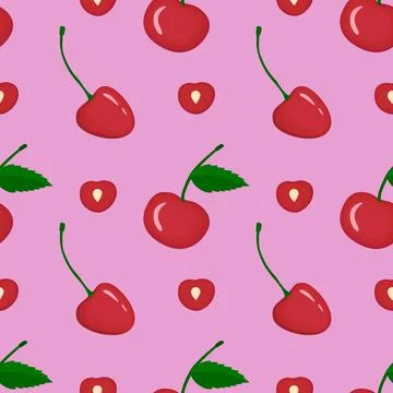 Red cherry vegan berry vector flat seamless pattern Stock Illustration