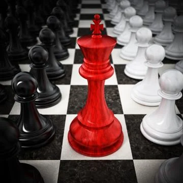 Red chess king standing between white and black pawns. 3D illustration Stock Illustration