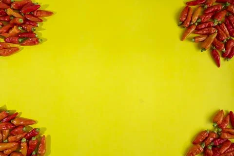 Red chili pattern on a yellow background. Top view. On flat lay. Chili Wallpa Stock Photos