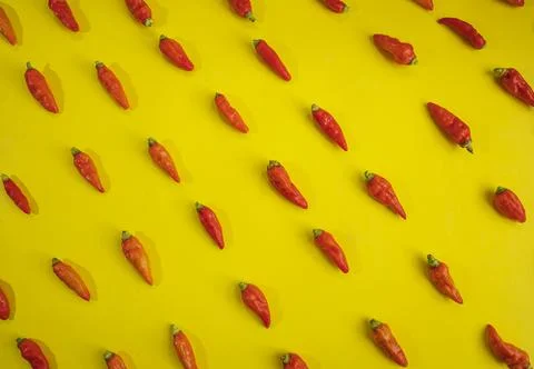 Red chili pattern on a yellow background. Top view. On flat lay. Chili Wallpa Stock Photos