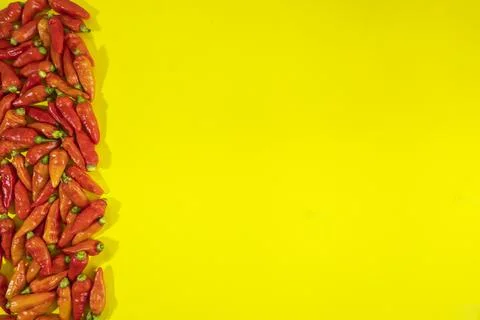 Red chili pattern on a yellow background. Top view. On flat lay. Chili Wallpa Stock Photos