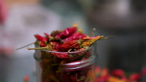 Red chili pepper crops close up. Chilies at a market in India. Authentic real Stock Footage 302271754