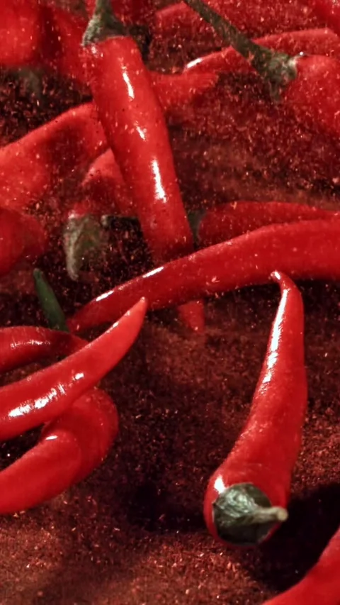 Red chili pepper in flight with ground pepper. Filmed on a high-speed camera at 動画素材 335367553
