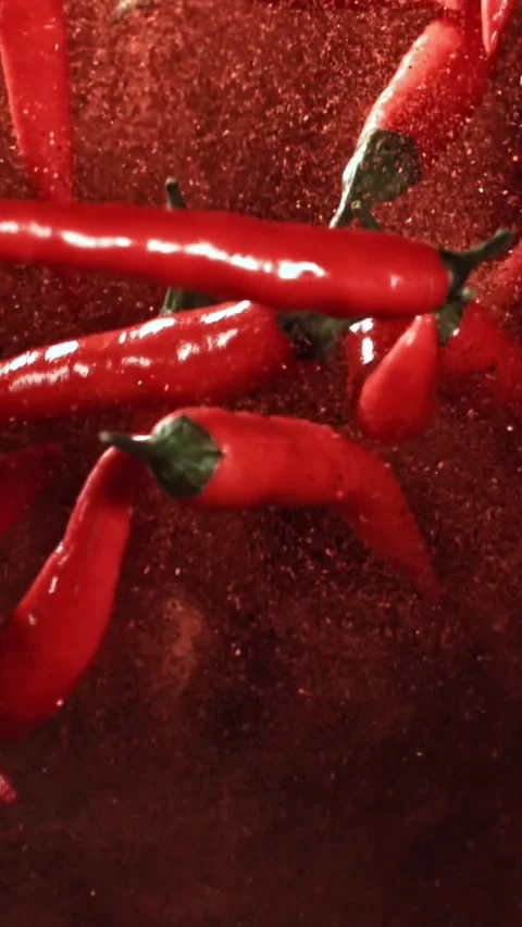 Red chili pepper in flight with ground pepper. Filmed on a high-speed camera at 動画素材 335383884