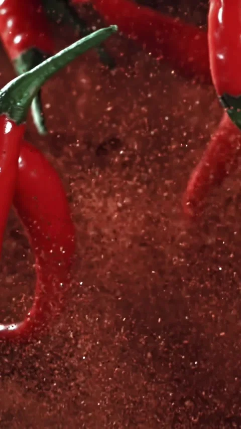 Red chili pepper in flight with ground pepper. Filmed on a high-speed camera at 動画素材 335385066