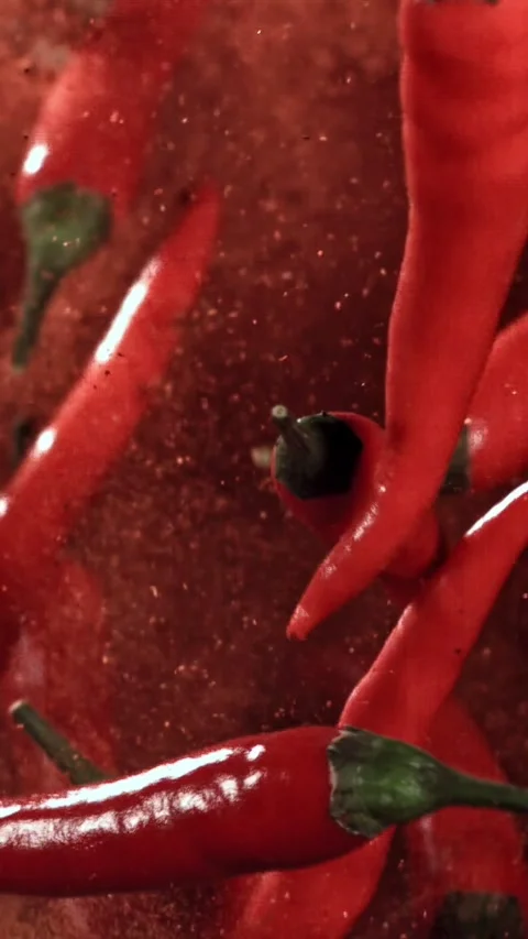 Red chili pepper in flight with ground pepper. Filmed on a high-speed camera at 動画素材 335385383