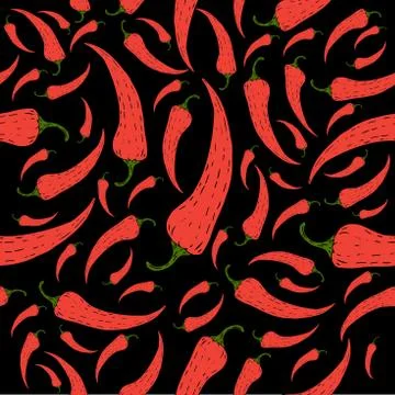 Red chili pepper pattern on black background Illustrazione stock