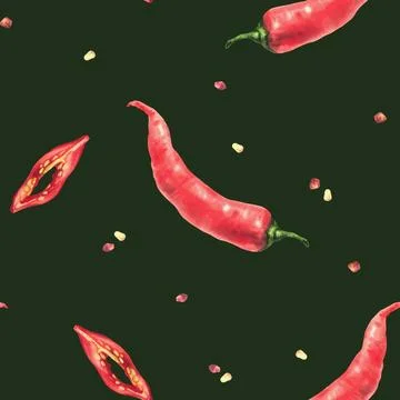 Red Chili pepper seamless pattern. Watercolor hand drawn whole and cut hot pods Illustrazione stock