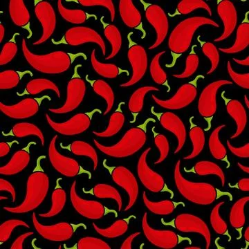 Red chili pepper seamless vegetable black pattern Stock Illustration