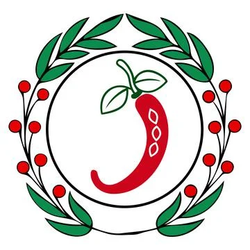 Red chili pepper surrounded by green leaves and red berries in a circular Stock Illustration