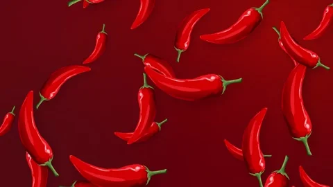 Red Chili Peppers Falling Against a Dark Red Background Stock Footage 342237071