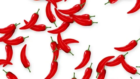 Red Chili Peppers Falling Downward Against a Plain White Background Stock Footage 339122394
