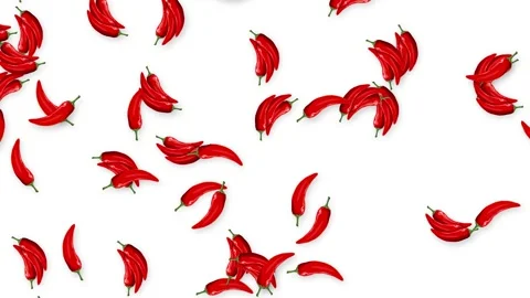 Red Chili Peppers Falling Downward Against a Solid White Background Stock Footage 340382173