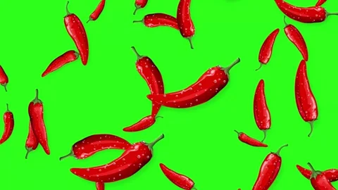 Red Chili Peppers Falling Downward on a Bright Green Screen Background Stock Footage 345297155