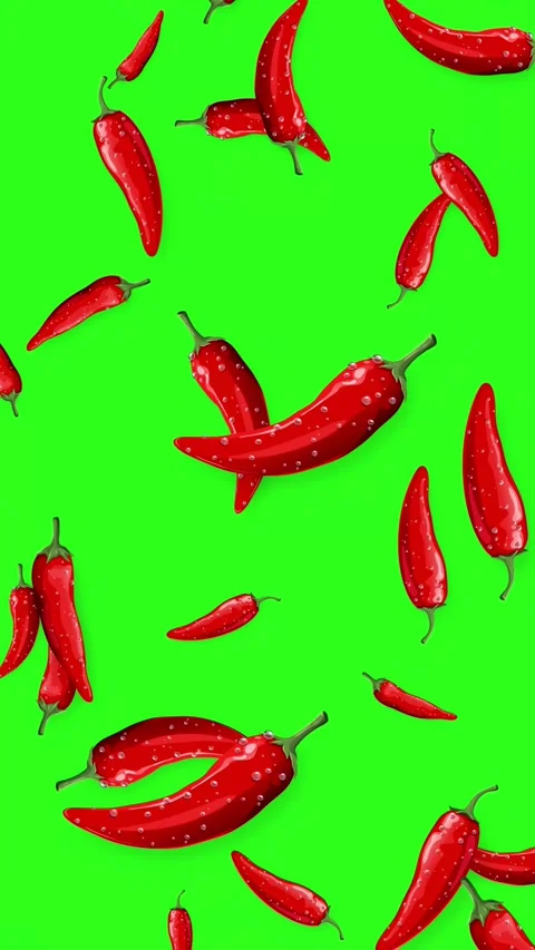 Red Chili Peppers Falling Downward on Green Screen Background Stock Footage 345703575
