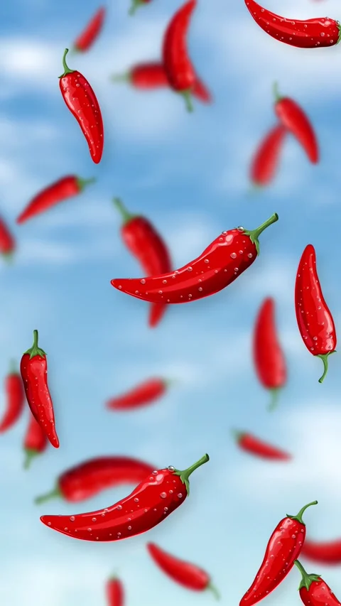 Red Chili Peppers Falling Through Blue Sky with Clouds Stock Footage 342316207