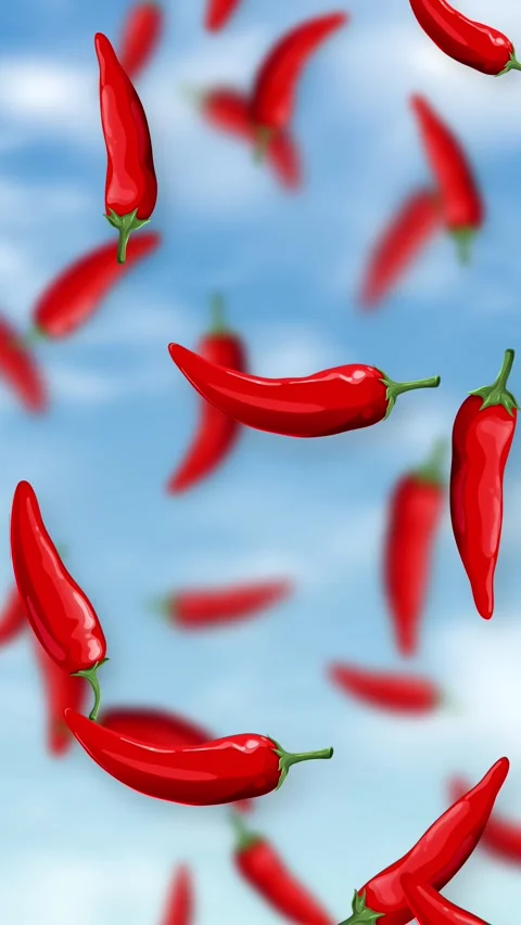 Red Chili Peppers Falling Through Blue Sky with Clouds Stock Footage 342923943