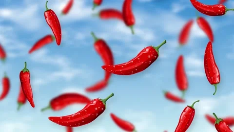 Red Chili Peppers Falling Through a Bright Blue Sky with Clouds Stock Footage 344377621