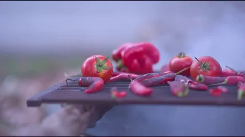 Red chili's and tomatoes being grilled on the barbeque Video stock 76198747