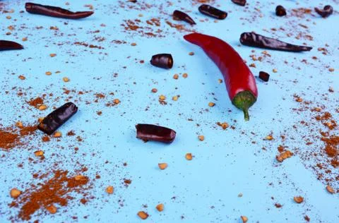 Red chilli papper on blue background. Stock Photos