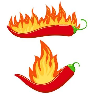 Red chilli pepper in fire flame icon set isolated on white background. Stock Illustration