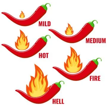 Red chilli pepper in fire flame icon vector set isolated on white background. Stock Illustration