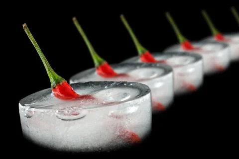 Red chilli pepper in ice and water drops Stock Photos