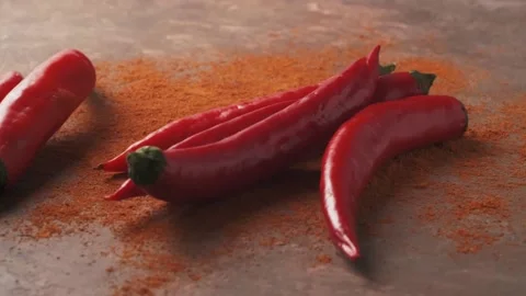 Red chilli peppers Falling down in Exotic Spices. Slow Motion Stock Footage 147861405