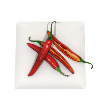 Red chilli peppers on a white plate on a white background. Isolate. Stock Illustration