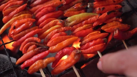 Red chilli with skewer getting grill on a charcoal grill. little burnt Video stock 120024440