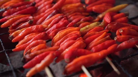 Red chilli with skewer getting grill on a charcoal grill. Flip with lady hand Video stock 120024502