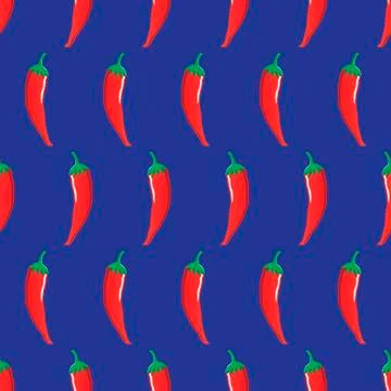 Red chilli stock vector seamless pattern on blue background Illustrazione stock
