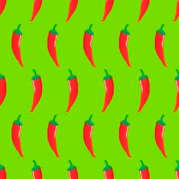 Red chilli stock vector seamless pattern on neon green background Illustrazione stock