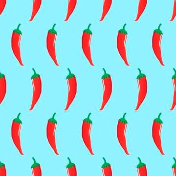 Red chilli stock vector seamless pattern on light blue background Illustrazione stock