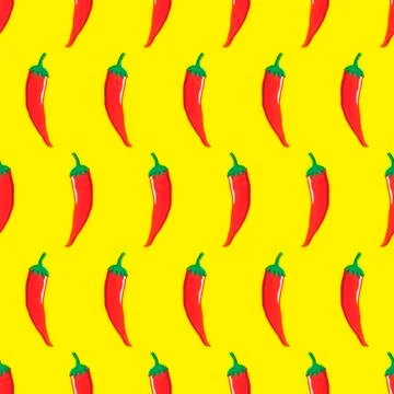 Red chilli stock vector seamless pattern on yellow background Illustrazione stock