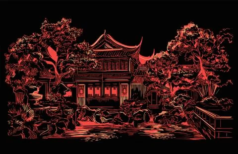 Red China hand drawing landmark Stock Illustration