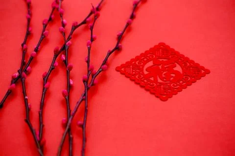 Red Chinese elements Flowers Text Fresh Chinese new year No one. Plants Stock Photos